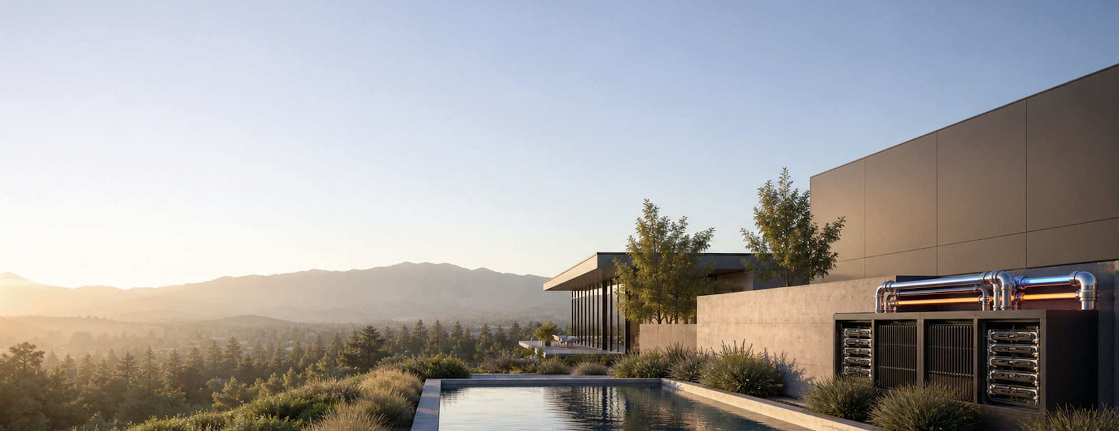 Modern building and pool using recovered AM ThermaLink server heat