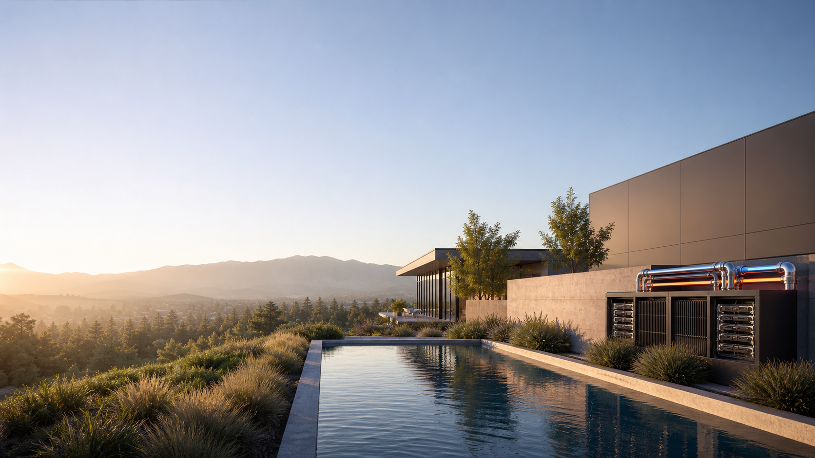 Modern hillside home with an infinity pool, heated by recovered AI-server heat at sunset