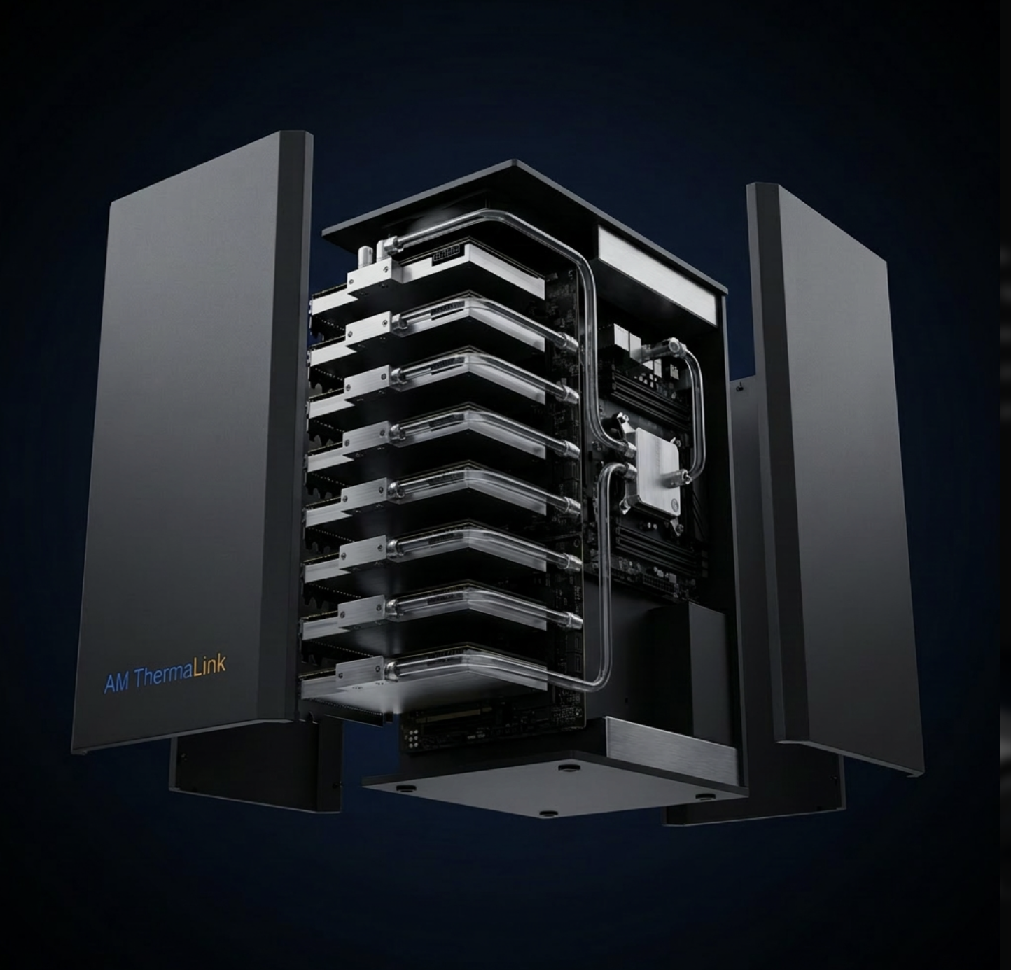 AM ThermaLink liquid-cooled GPU unit with side panels open